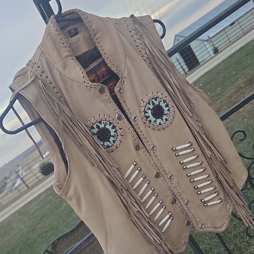 Beige Leather Vest with Fringe.